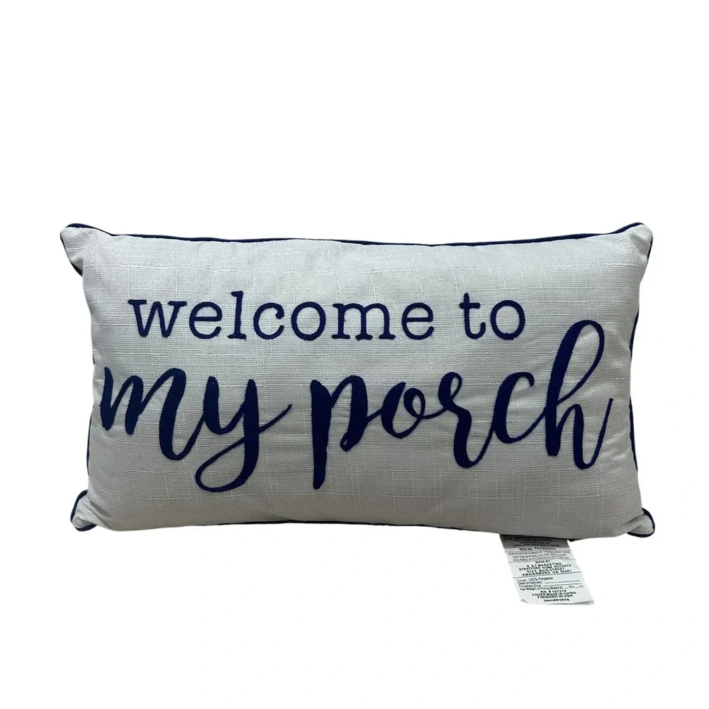 Stratford Outdoor Welcome to My Porch Lumbar Pillow Navy Blue White Reversible